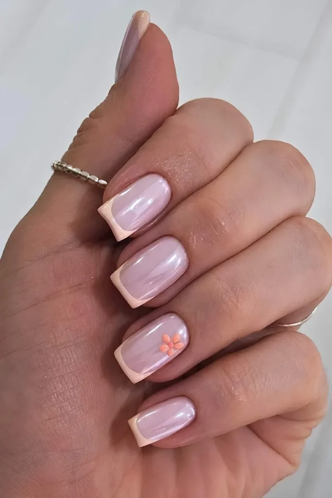 Chrome Peach French Mani With Florals That Sparkle Beautifully