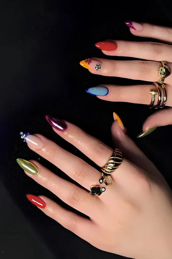 Chrome Skittle Nails With Gems That Sparkle Beautifully