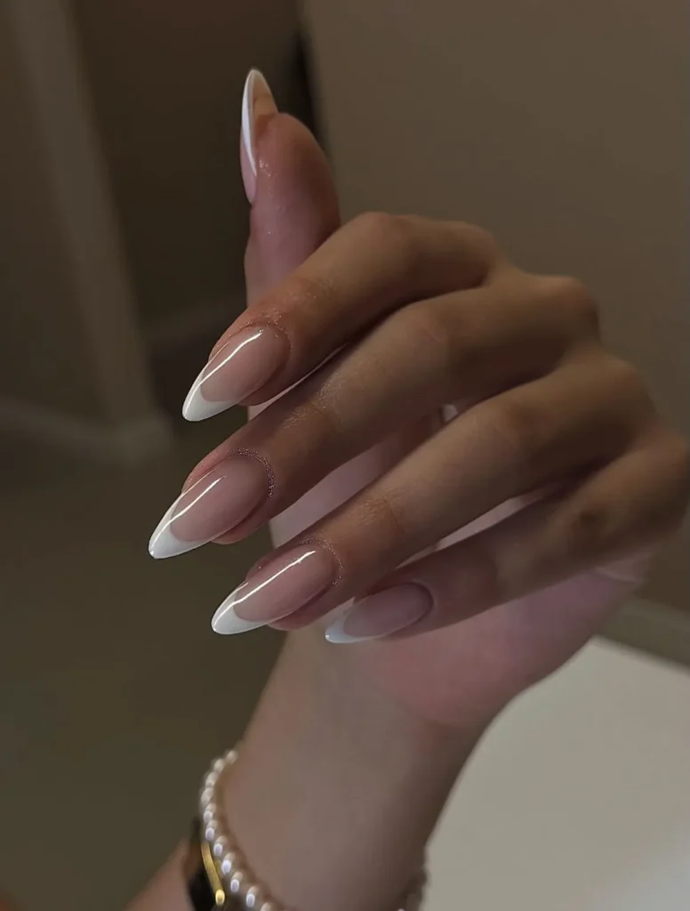Classic White French Tip Nails With Glossy Nude Base