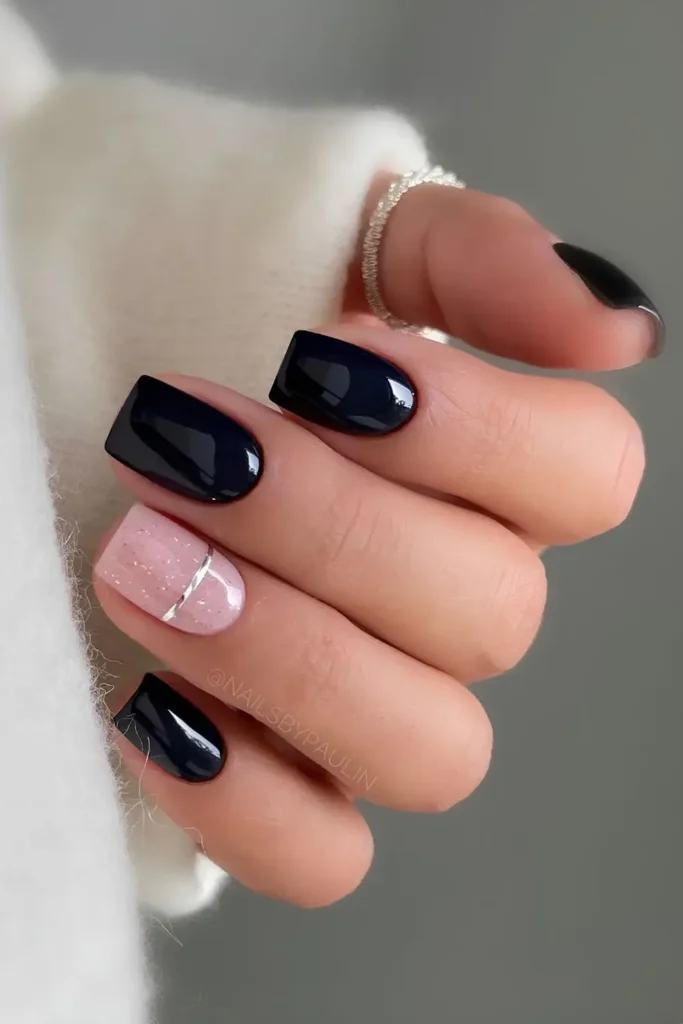 Classy Black Nails With Accent Chrome Line for a Sleek Look