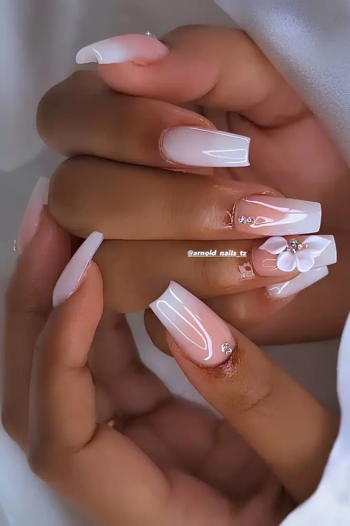 Coffin Shaped White Ombre Mani With Flowers That Stands Out Beautifully