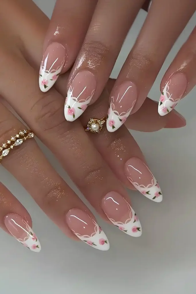 Coquette French Mani With Tiny Roses for a Romantic Touch