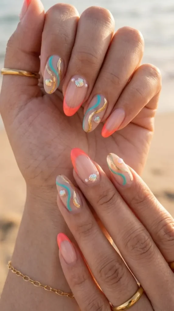 Coral French Nails With Seashell Charms and Gold Wave Accents