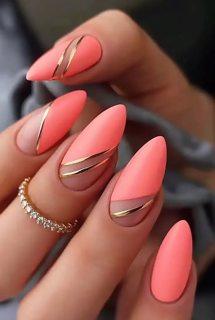 Coral French Tip Nails With Elegant Gold Stripe Accents