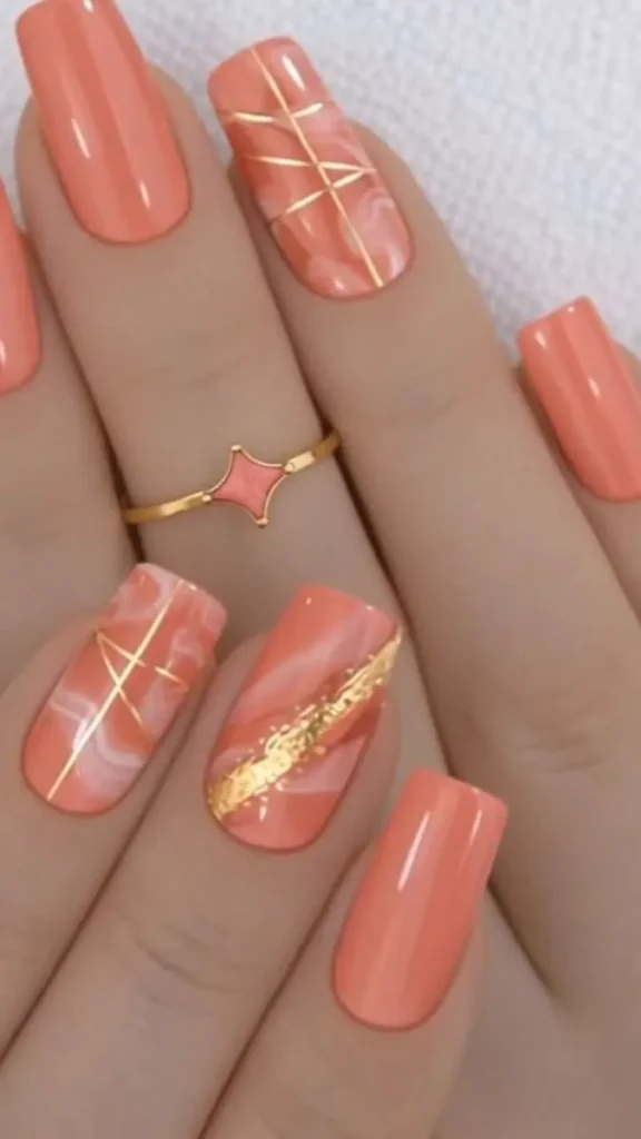 Coral Marble Nails With Gold Foil and Chrome Lines