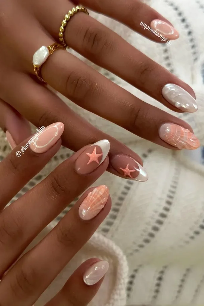 Coral Seashell Nails With Pearl and 3D Ocean Texture