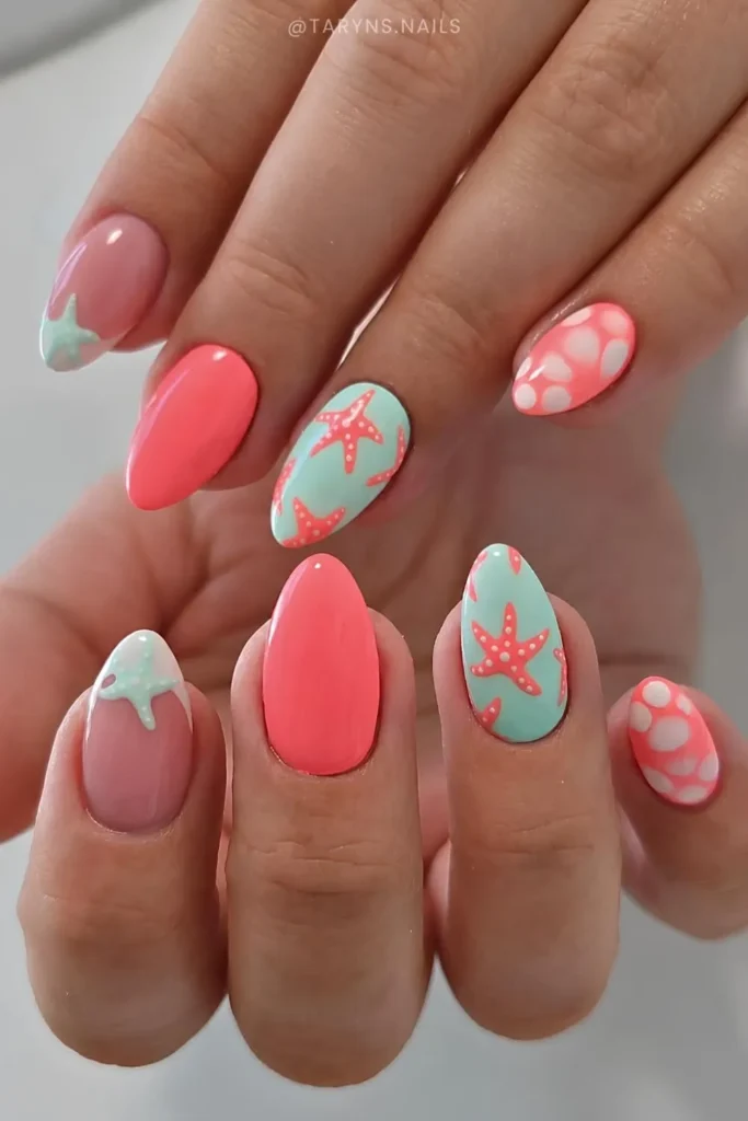 Coral and Blue Nails With Starfish Art for a Beachy Vibe