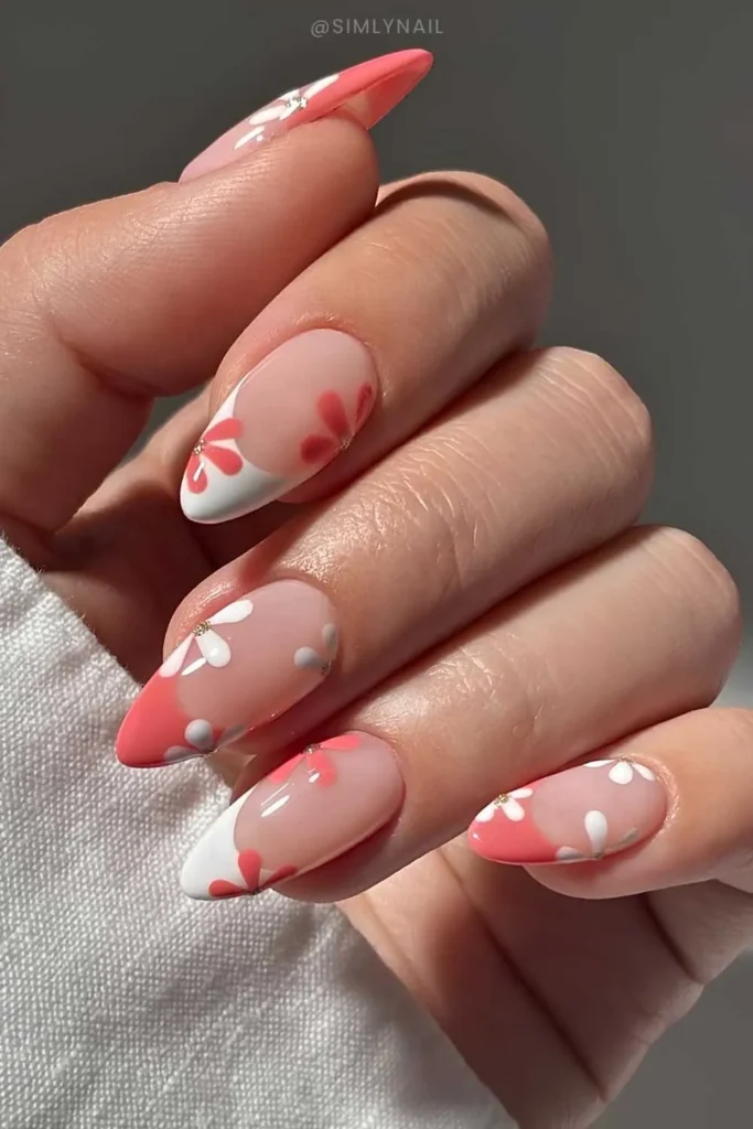 Coral and White Floral French Manicure You'll Want to Try