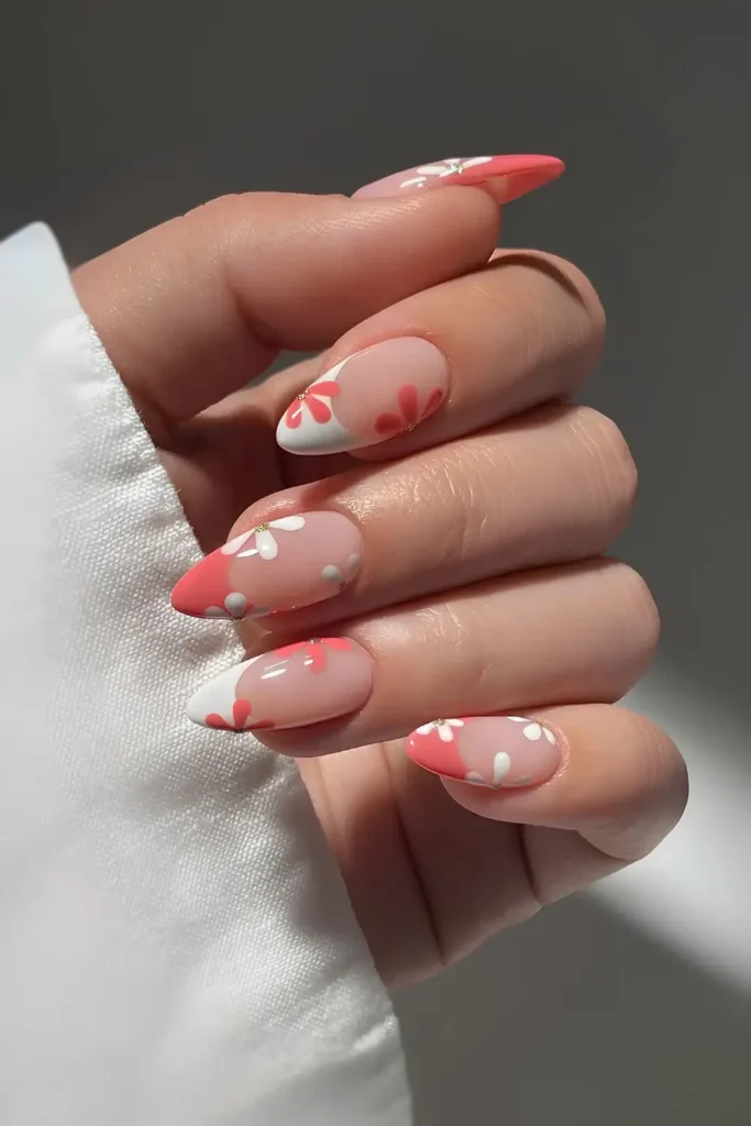 Coral and White Floral French Nails for a Fresh Look