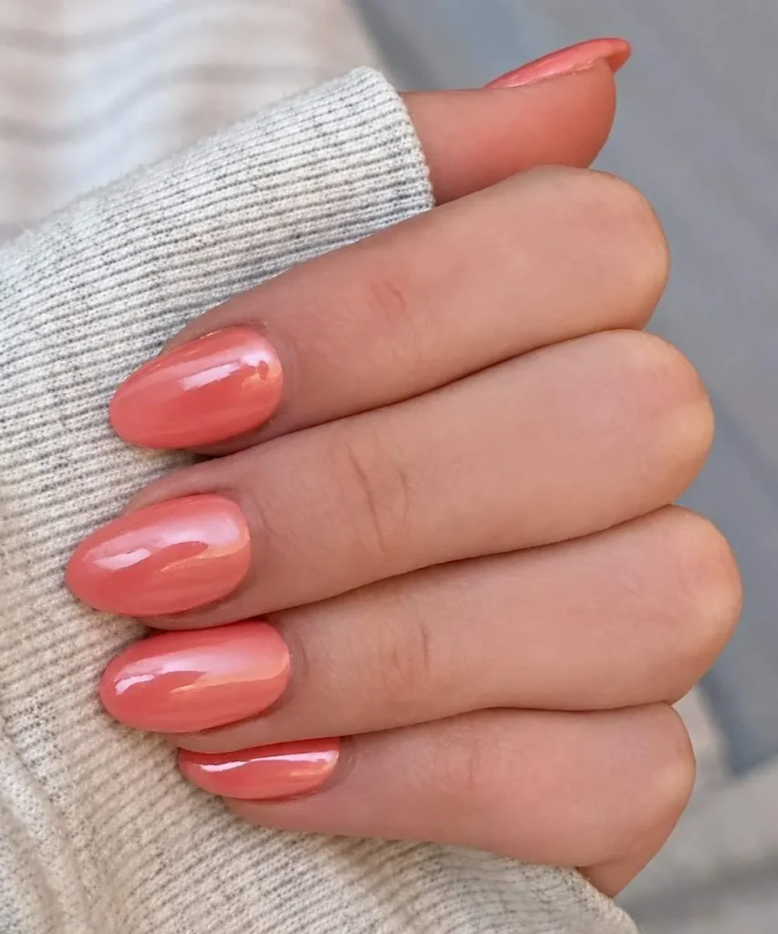 Coral Chrome Effect Mani for a Sleek Glam Finish