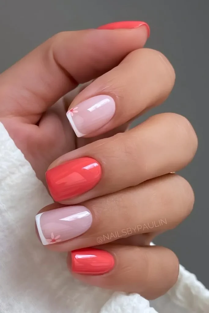 Coral Nails With Micro Floral Art for a Delicate Look