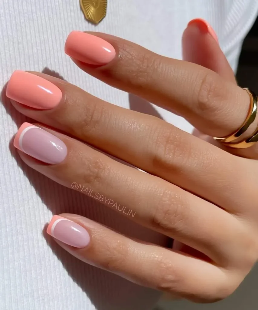 Coral Peach Mani With Accent Frenchies for a Chic Look