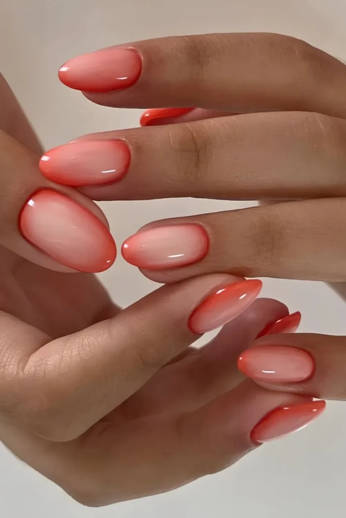 Coral Peach Nails With Aura Shading That Glow Beautifully