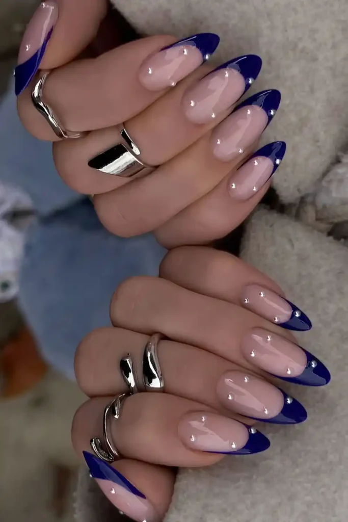 Dark Blue French Mani With Micro Pearls That Feels Luxurious