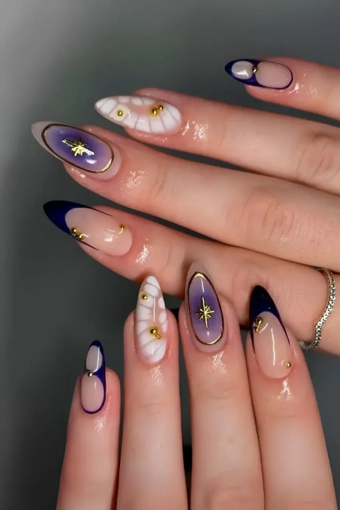 Short Brown and Blue Nails With Gold Accent for a Chic Style