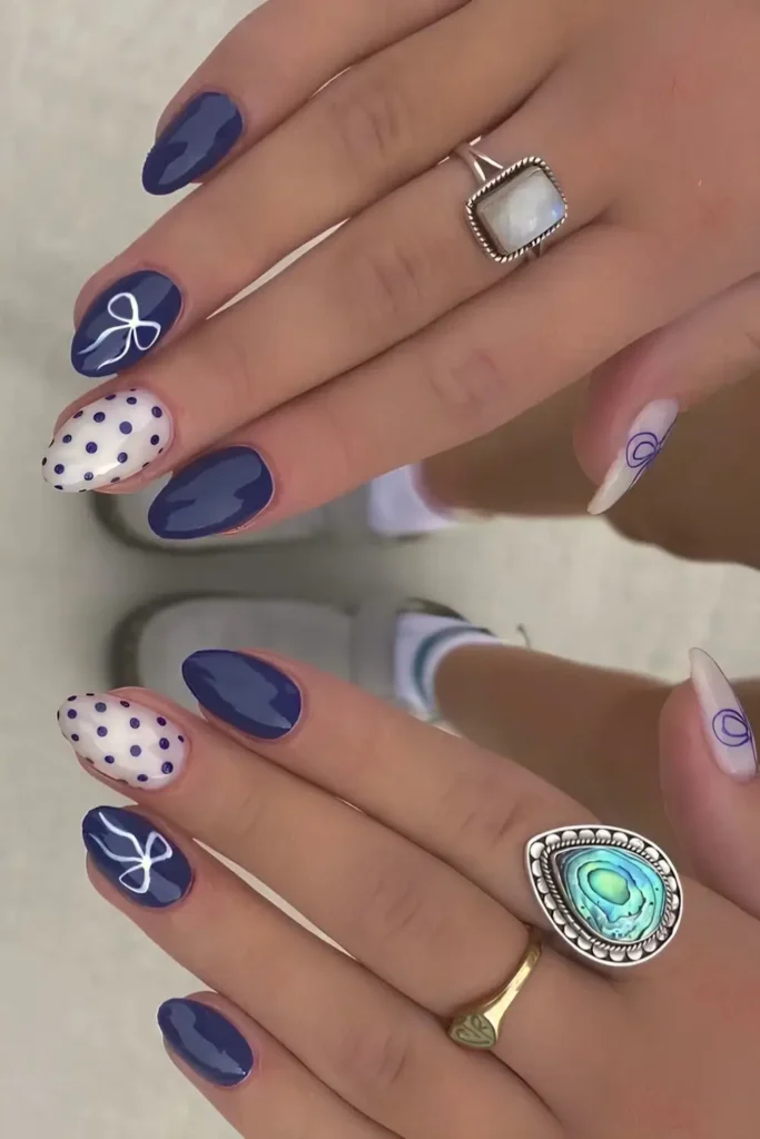 Dark Blue Mani With Bows and Micro Dots