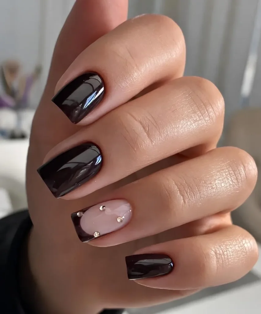 Dark Cherry Nails With Gems That Look Rich and Glamorous