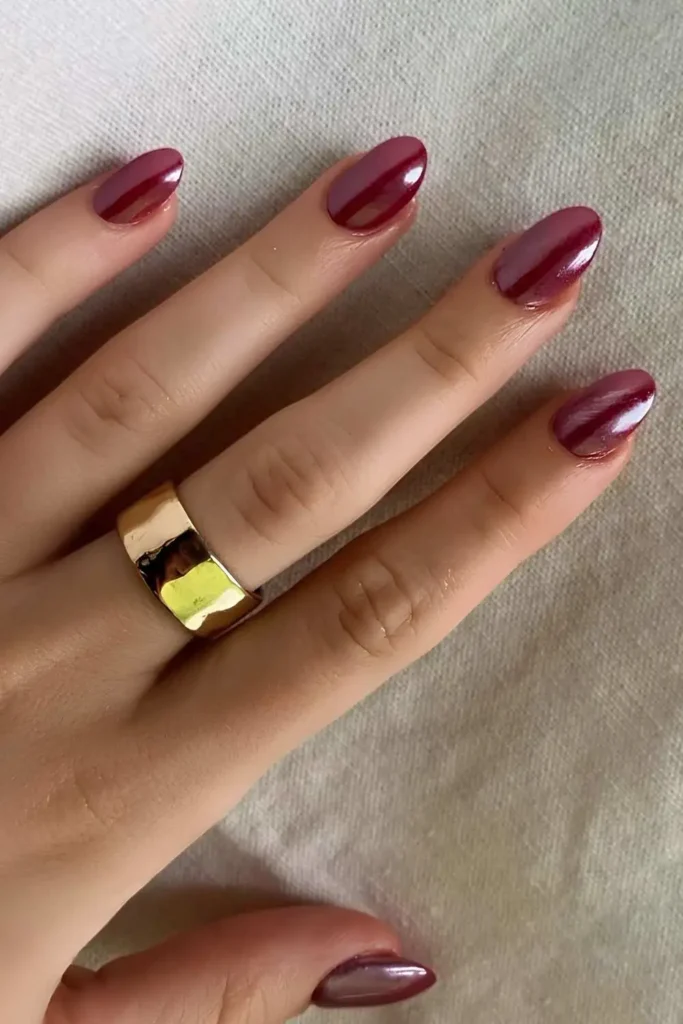 Dark Cherry Red Chrome Mani With a Mirror Like Shine