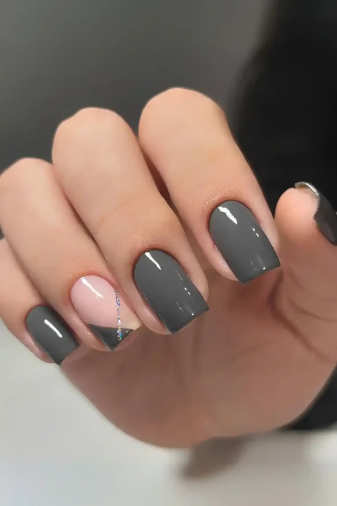Dark Gray Nails With Glitter Stripe That Stands Out Beautifully