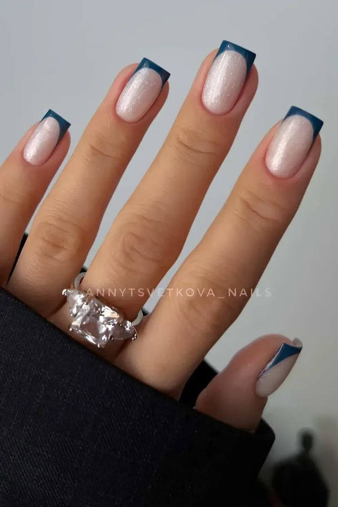 Dark Green French Mani on a Shimmery Base for a Glamorous Finish