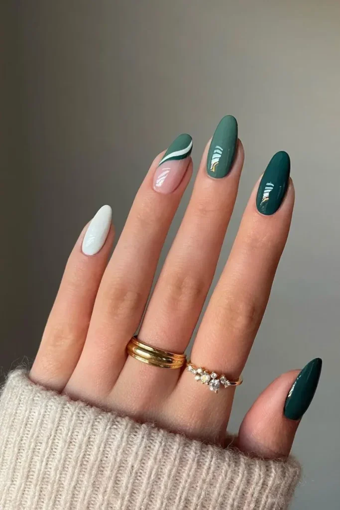 Dark Green and White Mani With a Timeless Elegant Contrast