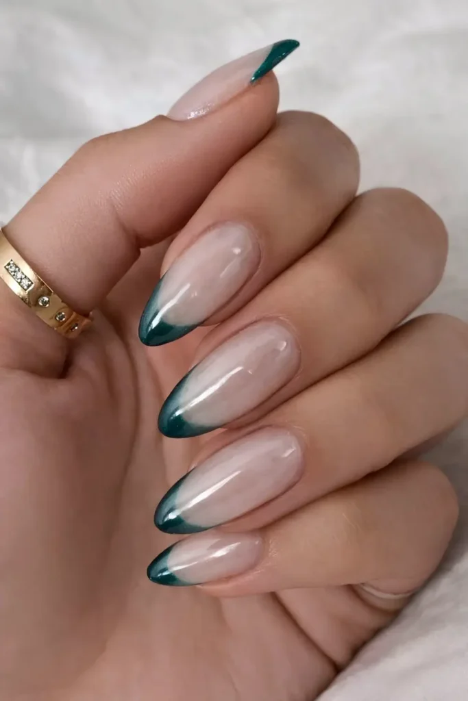 Dark Green Chrome French Manicure With a Sleek Mirror Shine