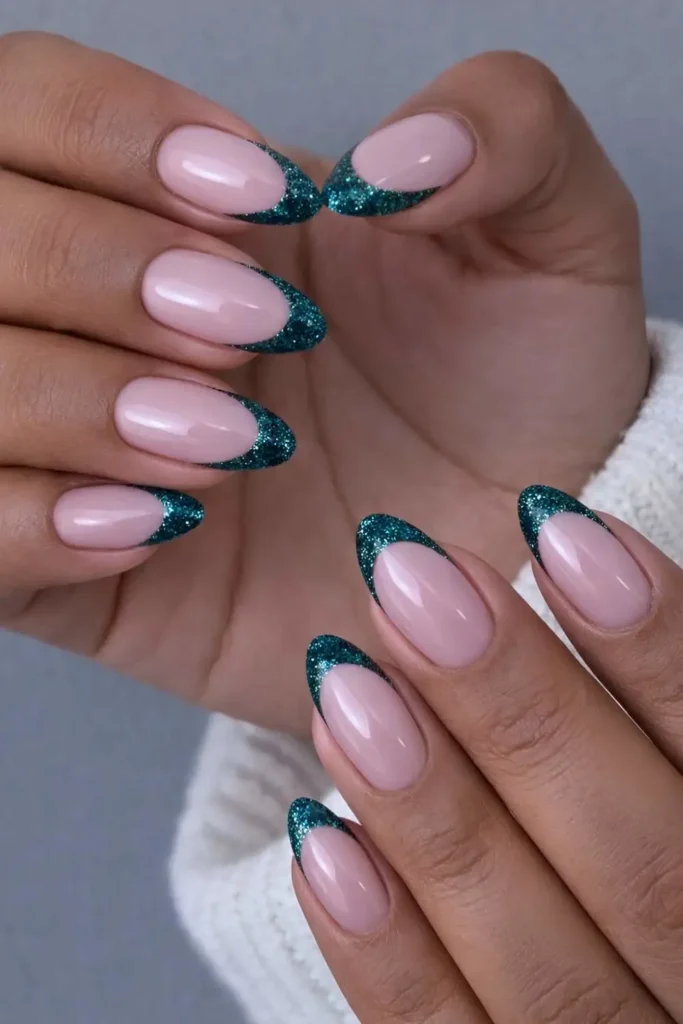 Dark Green Glitter French Nails for a Luxe Finish