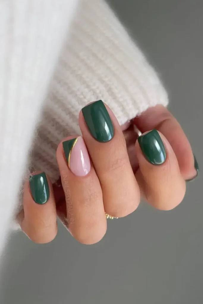 Dark Green Mani With Side French Tip Accent That Gives a Modern Twis