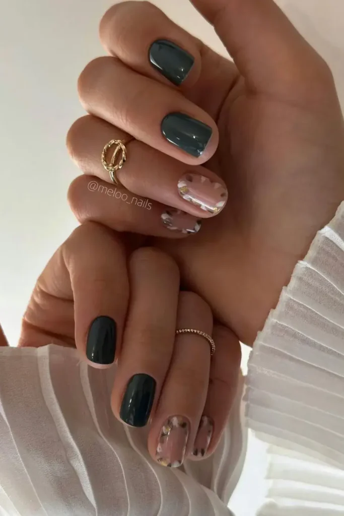 Dark Green Nails With Brush Stroke Accents for an Artistic Touch