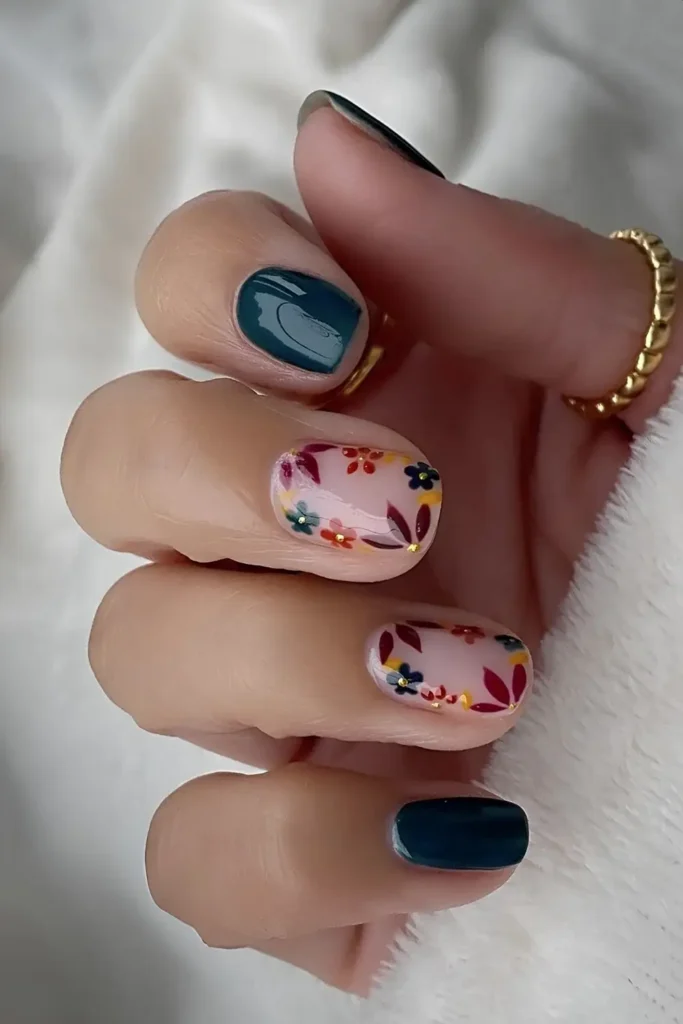 Dark Green Nails With Earthy Flower Art Inspired by Nature