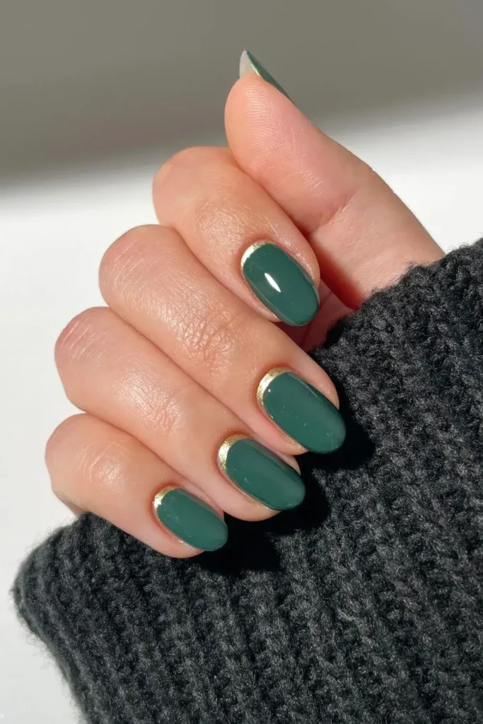 Dark Green Nails With Gold Accent That Feels Rich and Elegant