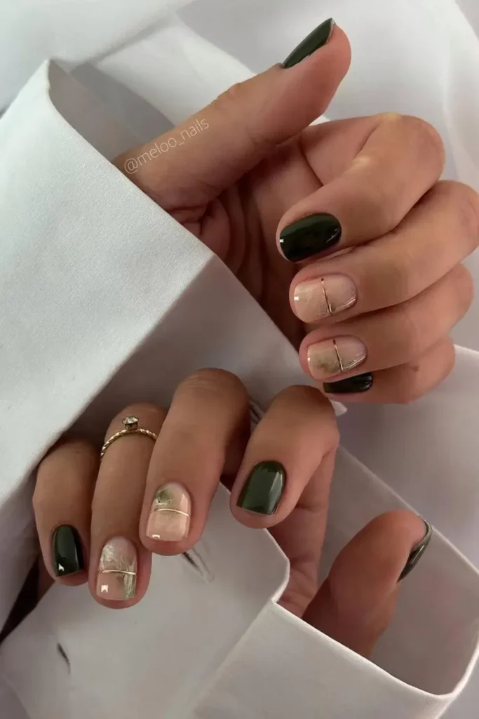 Dark Green Nails With Gold Chrome Lines That Add Instant Glam