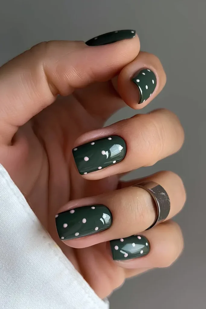 Dark Green Nails With Polka Dots for a Fun Look