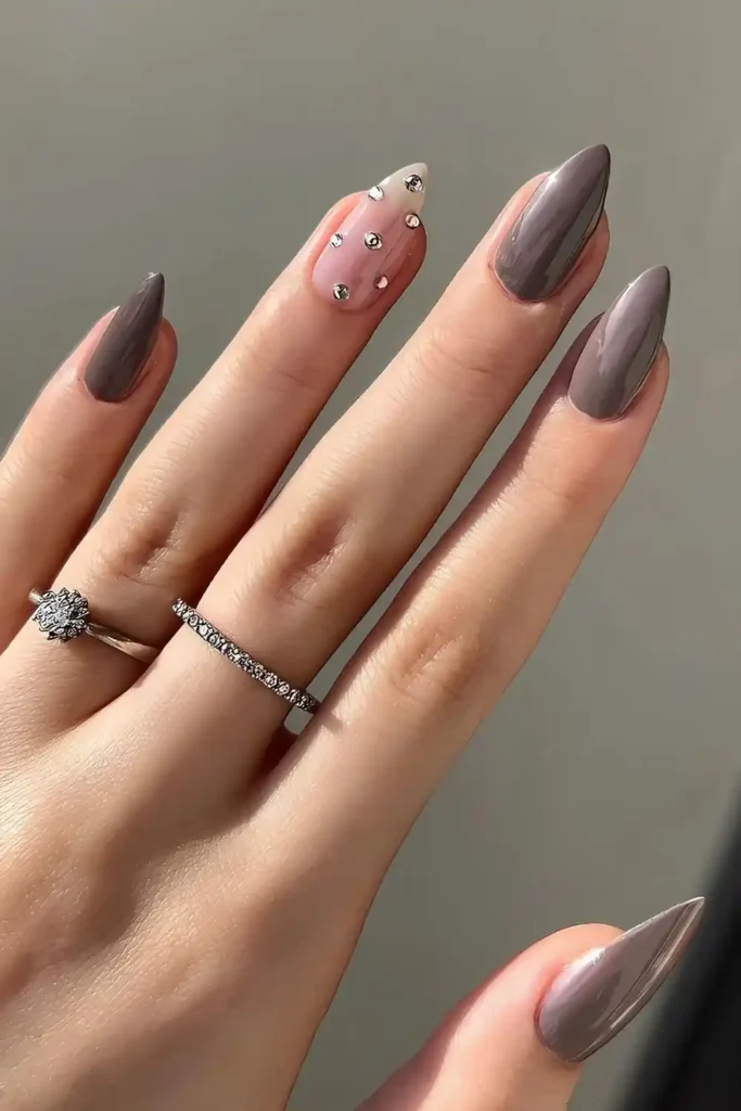 Dark Greige Nails With Rhinestones That Add Instant Glam