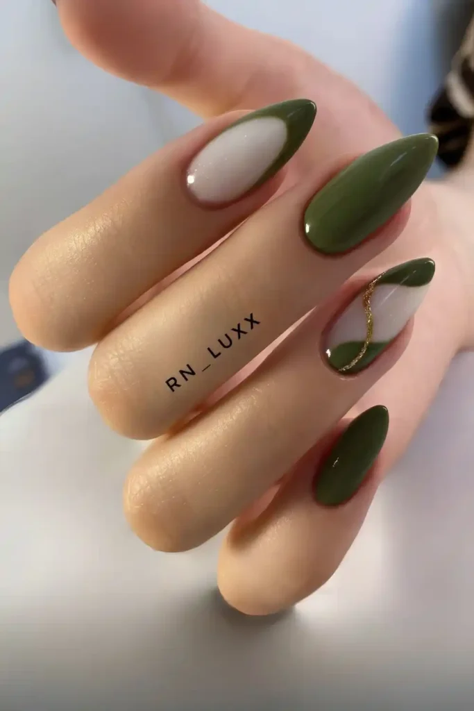 Dark Olive Nails With Gold and White Details That Feel Luxurious