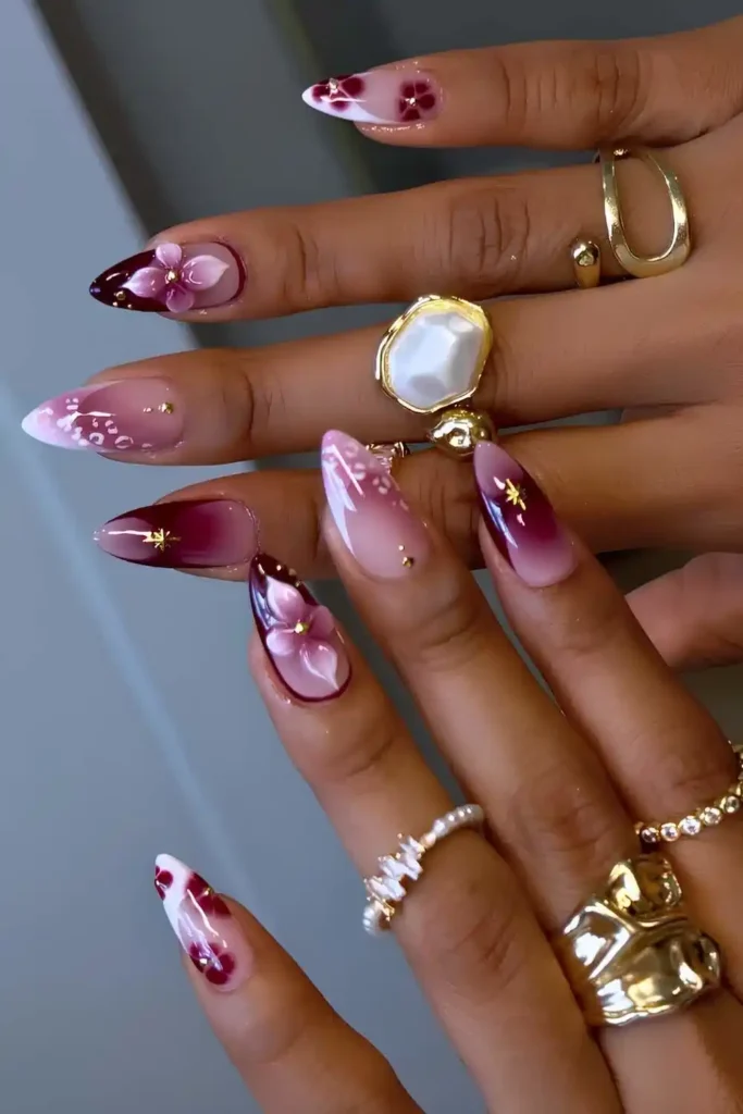 Dark Purple and White 3D Floral Nails With Elegant Details