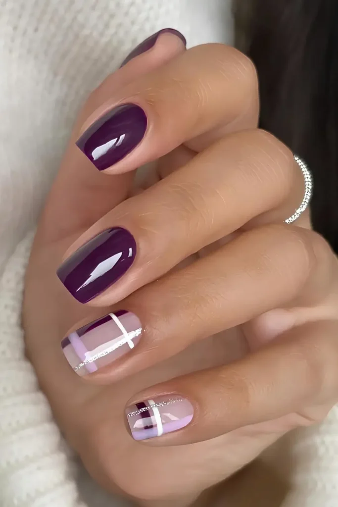 Dark Purple Mani With Plaid Art for a Cozy Look
