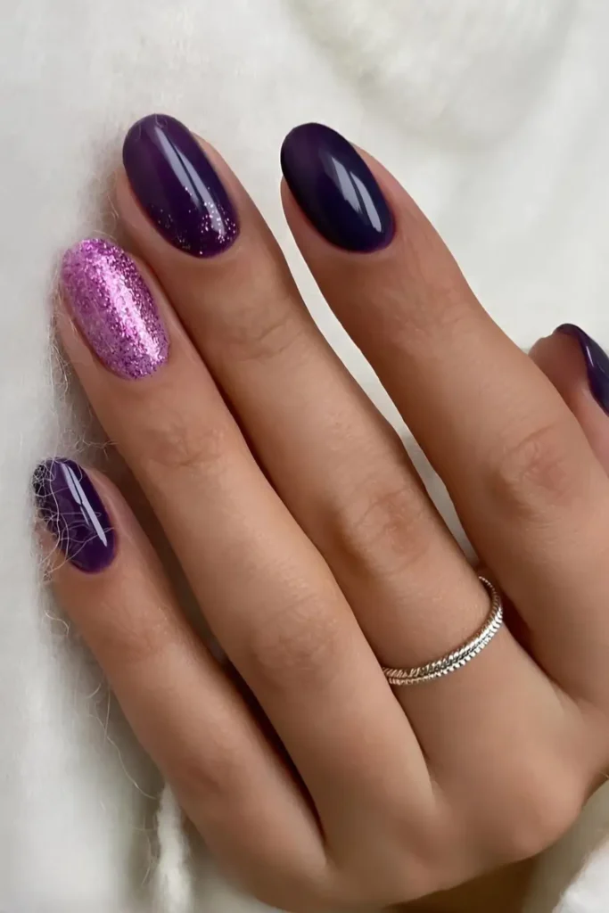 Dark Purple Nails With Fine Glitter Accents