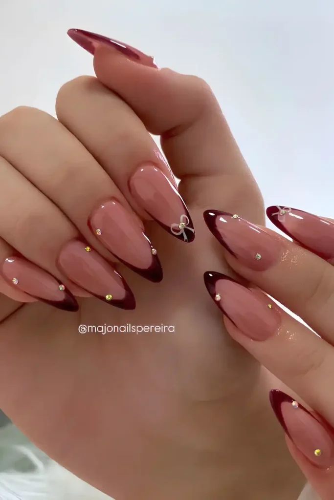 Dark Red French Mani With Bows and Rhinestones That Looks Luxurious