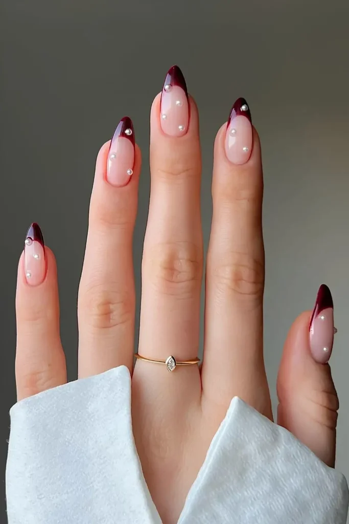 Dark Red French Manicure With Pearls You'll Want to Try