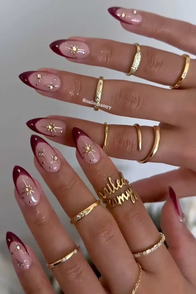 Dark Red French Tips With Gold Star Art That Look Magical
