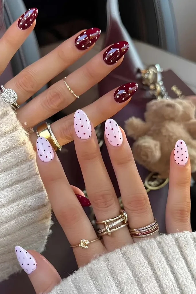 Dark Red and Pink Polka Dot Nails You'll Love