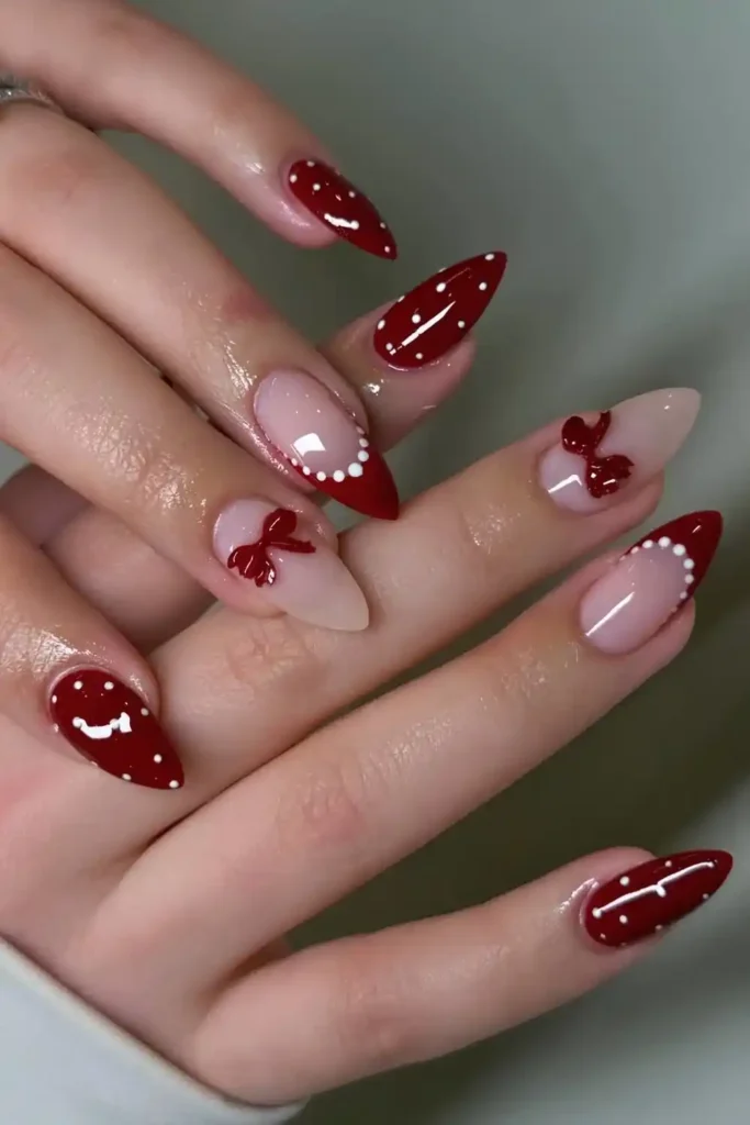 Dark Red and White Coquette Manicure With Charming Details
