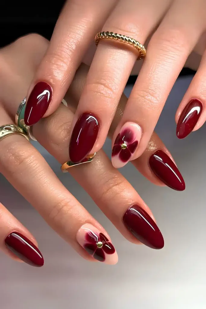 Dark Red Mani With Blooming Flowers That Looks Stunning