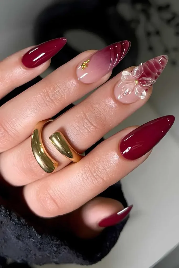 Dark Red Nails With Animal Print and Floral Art