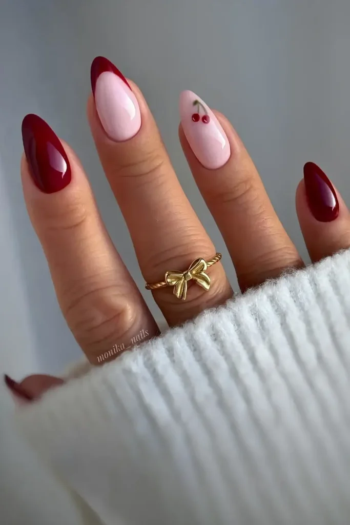 Dark Red and Pink Nails With Floral Art
