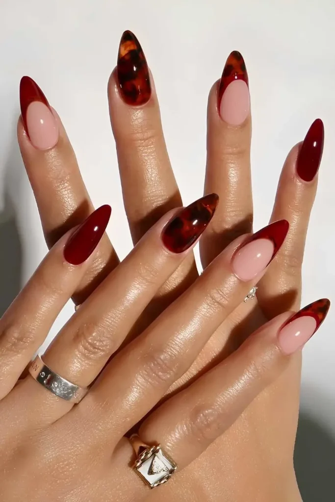 Dark Red Nails With Tortoise Shell Accents