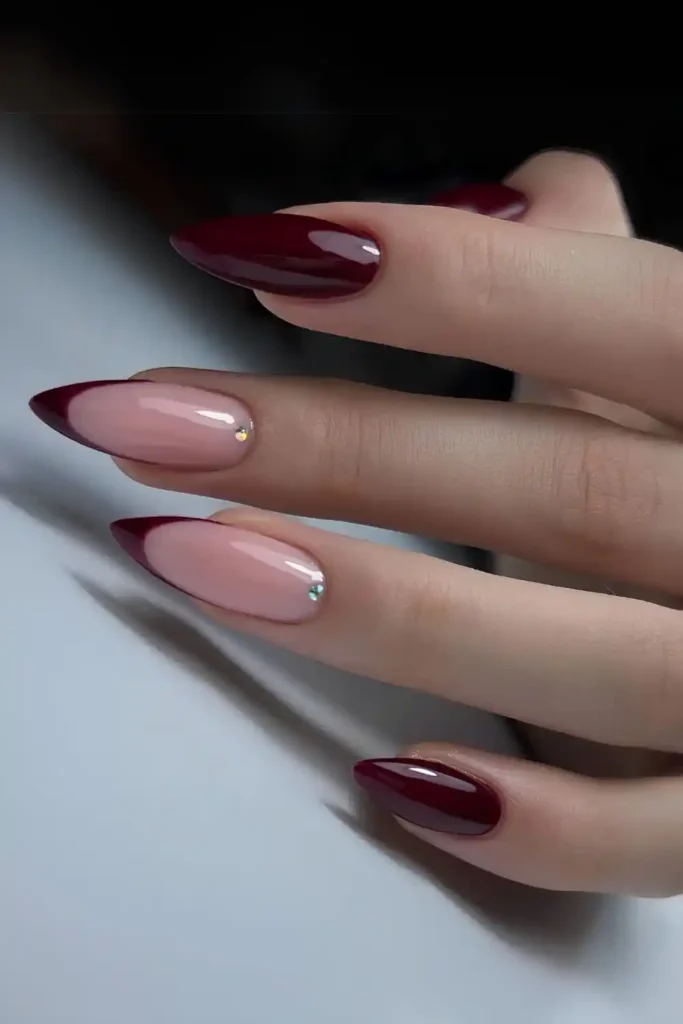 Deep Burgundy Mani With Rhinestones That Looks Rich and Glamorous