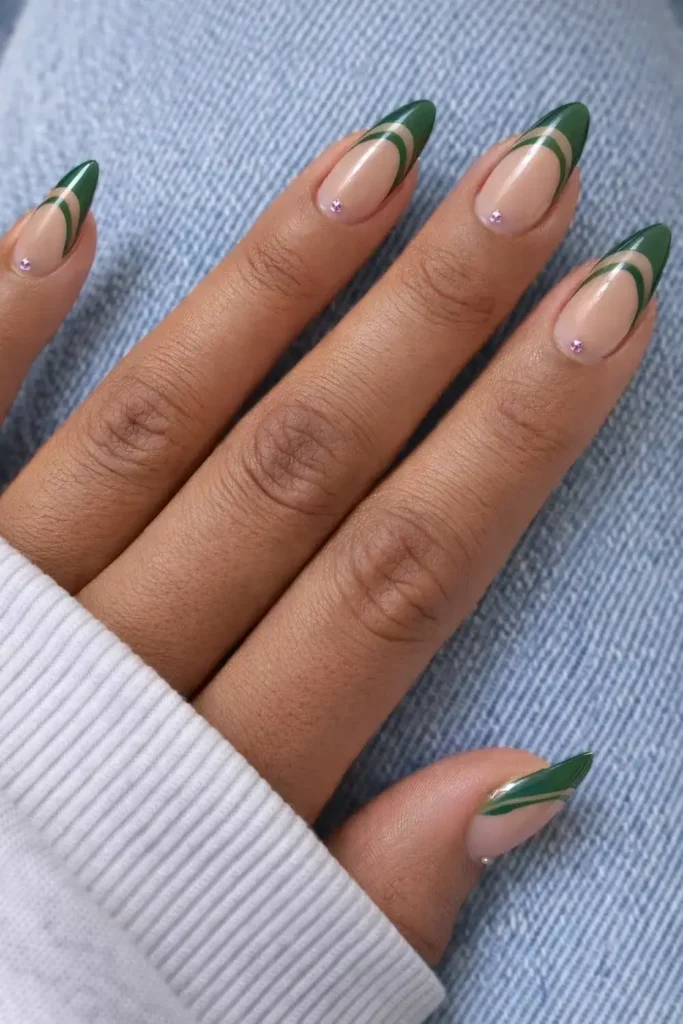 Deep Green Double French Mani With Cuticle Gems for a Luxe Look