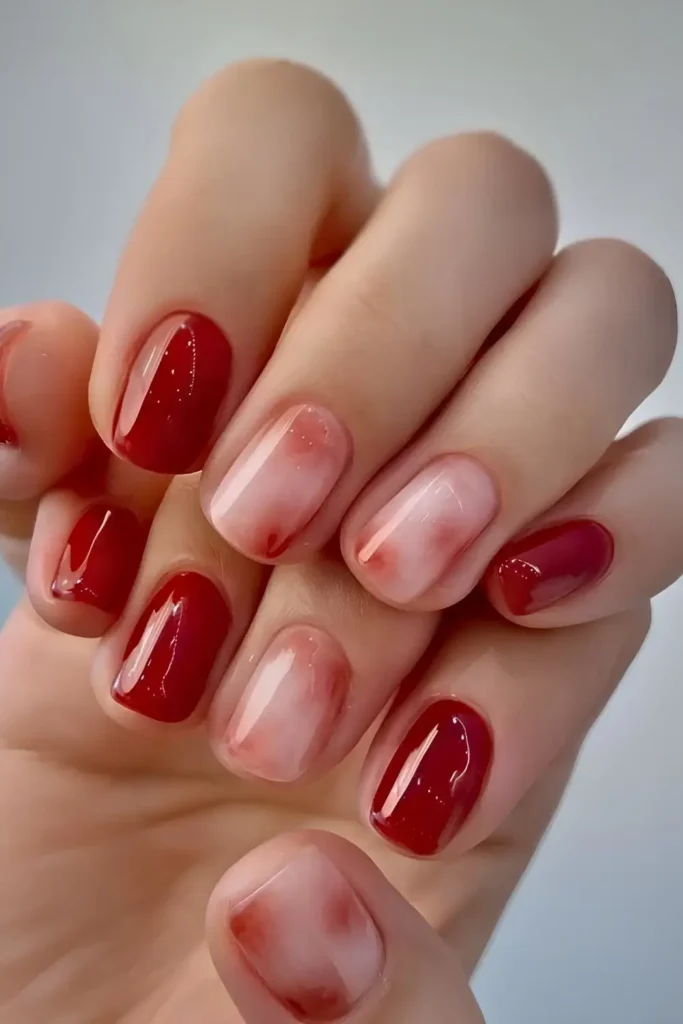 Dark Red Nails With Tiny Cherry Art